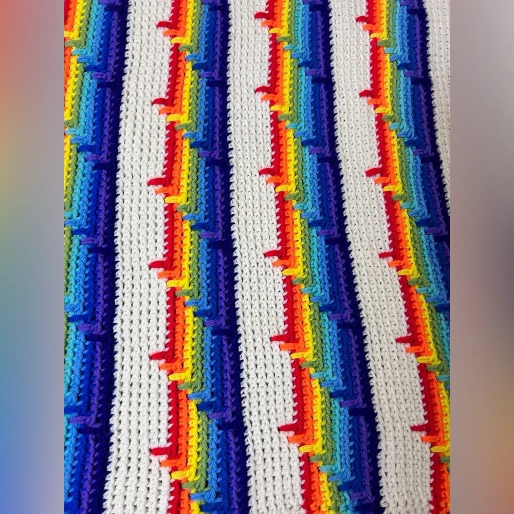 Handmade Crochet Afghan Blanket Rainbow Striped Pattern 84
